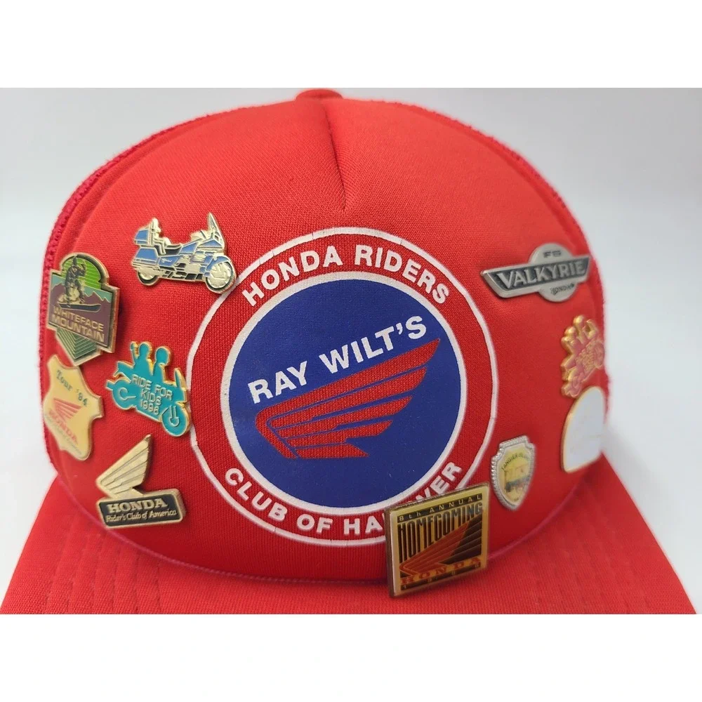 Vtg Honda Riders Ray Wilts Club of Hanover Mesh Snapback Hat Cap w/ Lapel Pins‎